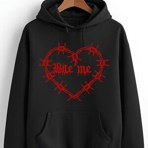 PUFF print Barbed Wire Heart BITE ME Black Hoodie